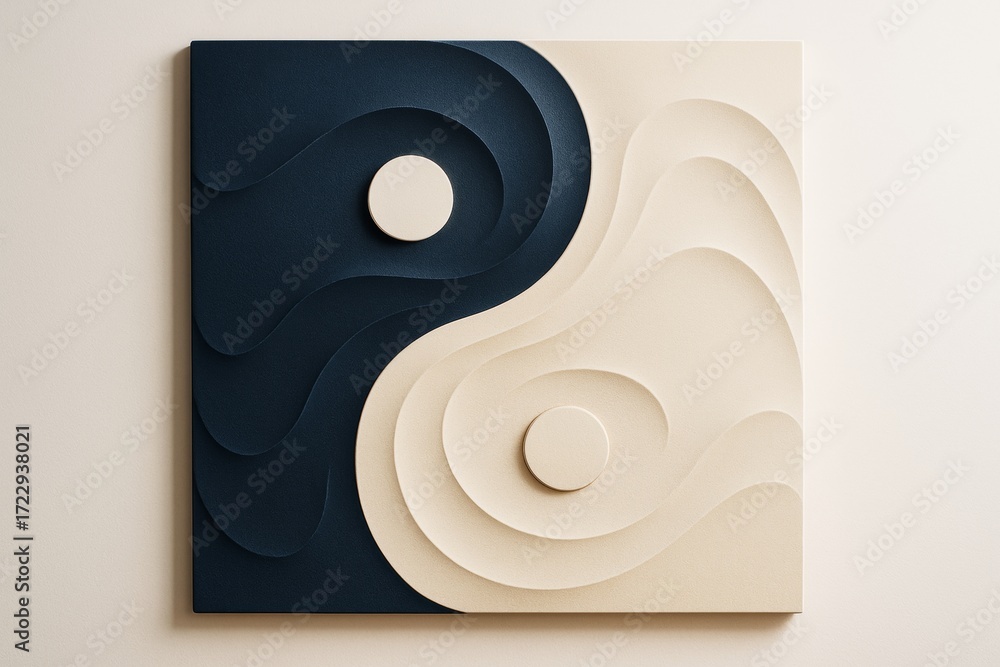 Poster abstract yin yang inspired artwork featuring layered paper cut style in contrasting dark blue and cr