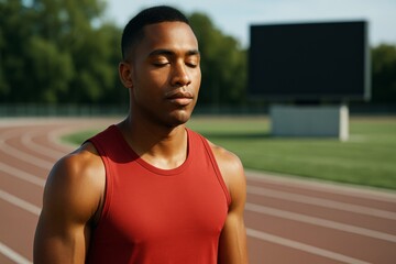 Focused athlete standing on outdoor track with eyes closed in sunlight, representing mental preparation and calm mindset before competition. Ai generative