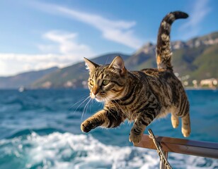 Tabby cat leaps over ocean