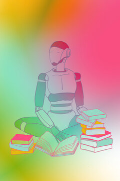 Robot reading books surrounded by stacks in colorful illustration