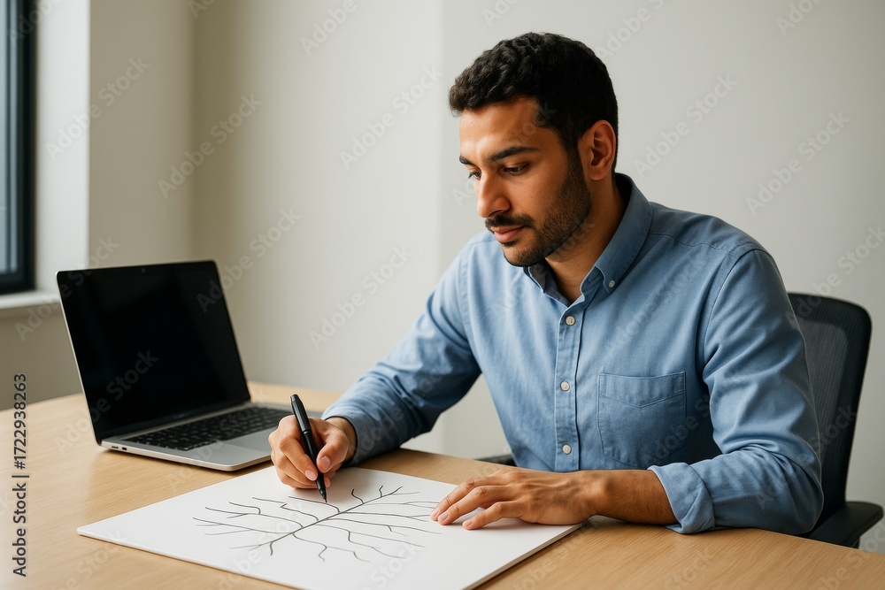 Poster thoughtful young man drawing a tree-like diagram while sitting at desk with laptop on light backgrou