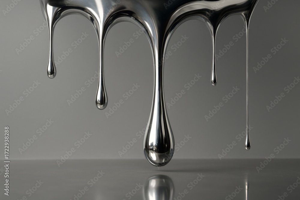 Poster shiny metallic liquid drops suspended mid-air with smooth reflections and soft lighting on a gray ba