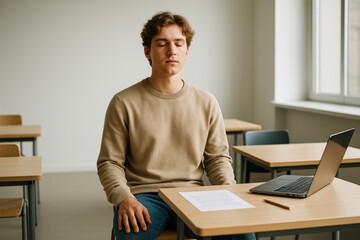 Fototapeta premium Young man meditating in classroom with eyes closed, sitting at desk with laptop and papers, in peaceful light background environment. Ai generative