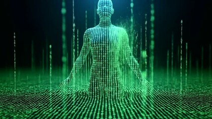 Abstract digital human figure made of binary code in a virtual cyber space - Powered by Adobe