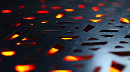 Industrial metal surface with glowing orange edges in a dark workshop, showcasing precise geometric cuts.