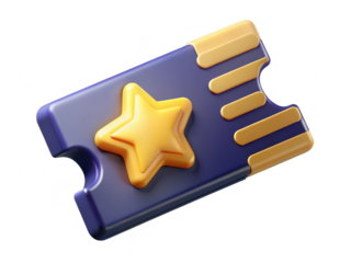Glossy blue and gold ticket icon with star element gaming concept 3d illustration isolated on transparent background