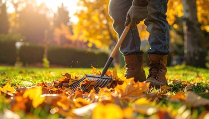 Person raking fallen autumn leaves on sun-drenched lawn with trees behind in fall foliage, seen from waist down