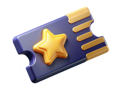 Glossy blue and gold ticket icon with star element gaming concept 3d illustration isolated on transparent background