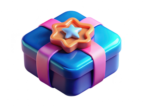 Glossy blue gift box with pink ribbon and star decoration celebration item 3d illustration isolated on transparent background - Powered by Adobe