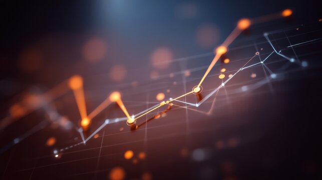 Abstract financial data chart with orange and blue trend lines on dark background, bokeh lights,