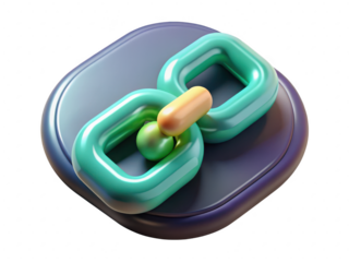 Glossy green and tan interlocking links on rounded square base 3d illustration isolated on transparent background