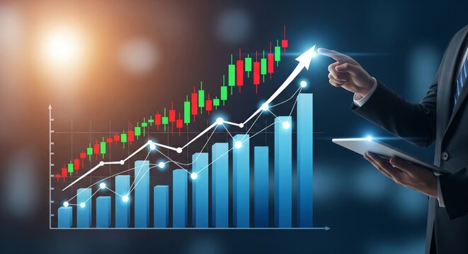 Businessman Analyzing Bar Chart, Line Graph, and Candlestick Icons in Futuristic Financial Growth Concept
