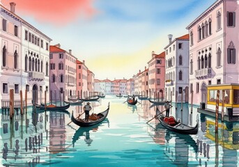 Obraz premium Watercolor painting of the grand canal in venice with gondolas and historic buildings under a colorful sunset sky