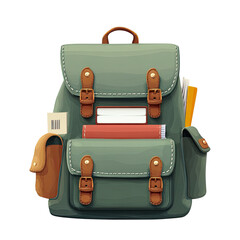 Stylish green backpack with brown accents containing books and ticket.