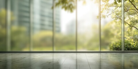 Serene Urban Sanctuary: A minimalist view from inside an office building, framed by sleek glass windows that showcase a vibrant landscape of urban greenery and a soft, sun-kissed atmosphere. 