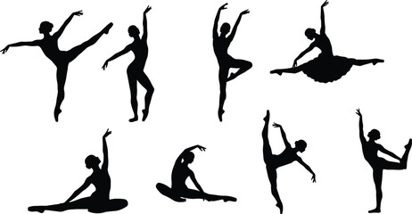 Silhouette ballet dancers performing elegant poses, arabesque, split, pirouette, vector illustration of classical dance performance, artistic movement and graceful choreography