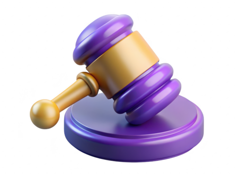 Glossy purple and gold gavel on stand for legal matters and justice 3d illustration isolated on transparent background - Powered by Adobe