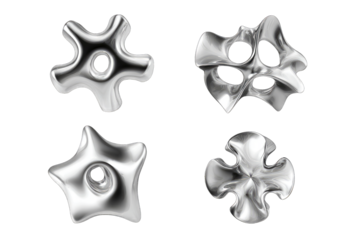 Abstract, metallic, 3D shapes; four forms, star-like,  irregular