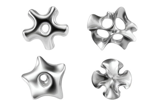 Abstract, metallic, 3D shapes; four forms, star-like,  irregular