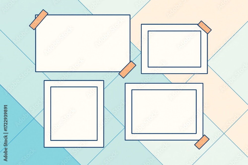 Poster blank paper frames mockup with tape on pastel tiled background for creative branding or presentation