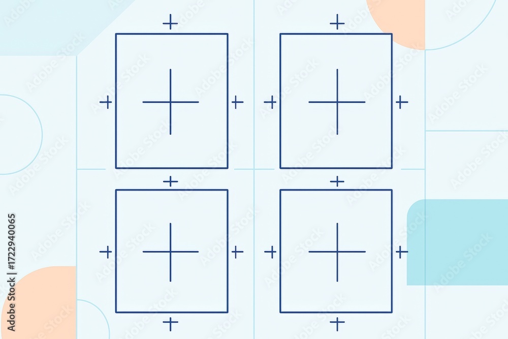 Poster abstract blueprint layout with four geometric square modules on light background.