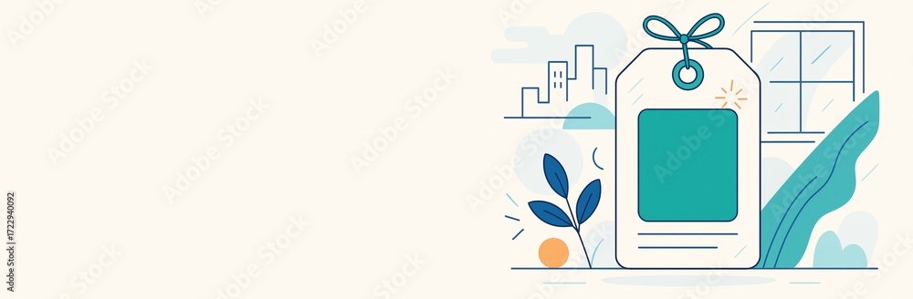 Poster minimal product tag mockup with cityscape and plant elements on right side and empty beige space on 