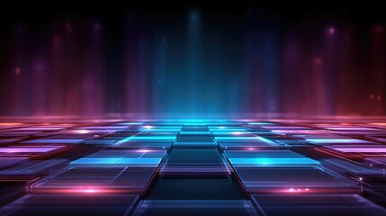 Futuristic digital grid with neon lights and glowing lines creating a high-tech, cyber-inspired abstract background.