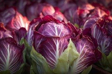 Obraz premium Cluster of robust radicchio heads with vivid purple leaves and crisp green bases, freshly grown in an orderly garden