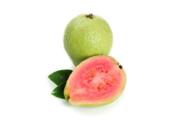 Fresh Pink Guava Fruit Whole and Sliced on White Background