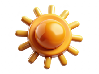 Glossy yellow sun with rounded rays symbolizes warmth and positivity 3d illustration isolated on transparent background