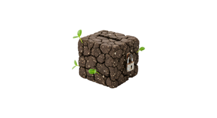 Money box made of soil with padlock and sprout isolated on transparent background, symbolizing secure savings, financial growth, and environmental awareness