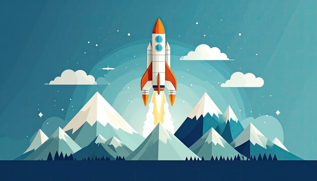 Rocket launching over snowy mountains