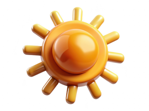 Glossy yellow sun with rounded rays symbolizes warmth and positivity 3d illustration isolated on transparent background