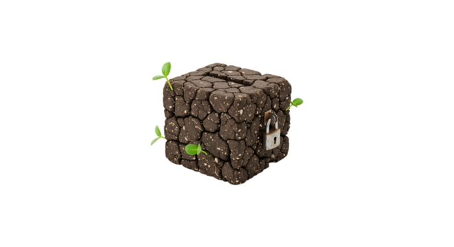 Money box made of soil with padlock and sprout isolated on transparent background, symbolizing secure savings, financial growth, and environmental awareness