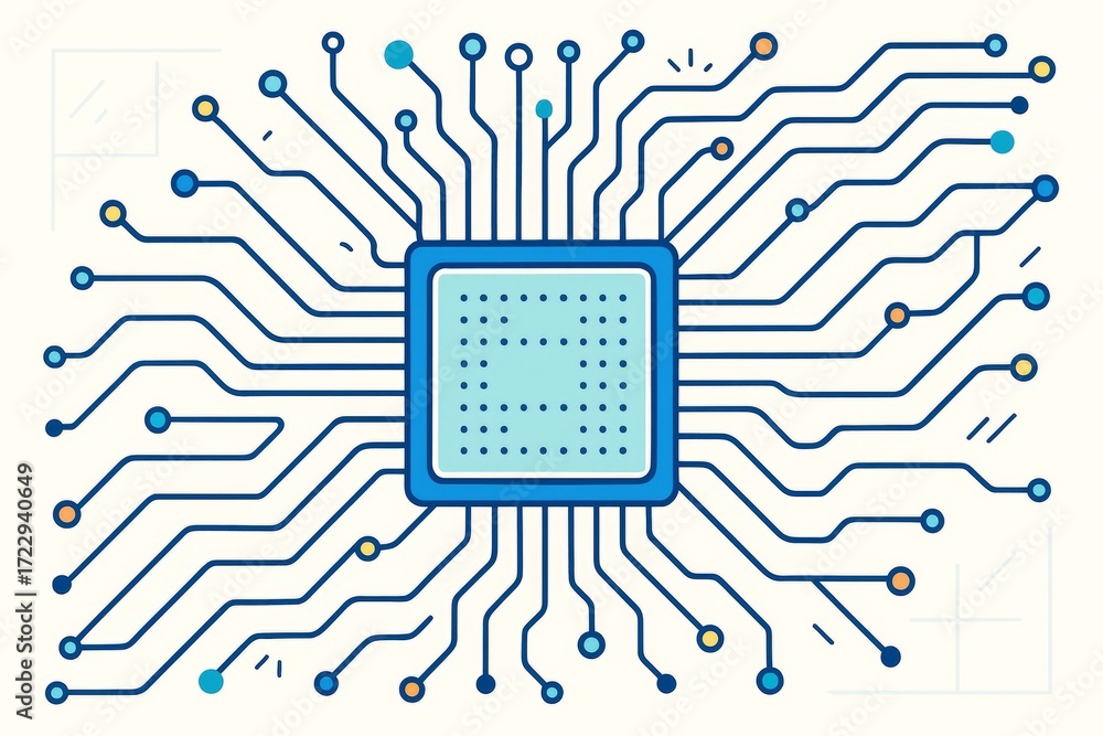 Poster abstract illustration of microchip with light blue circuit lines forming a digital network connectio