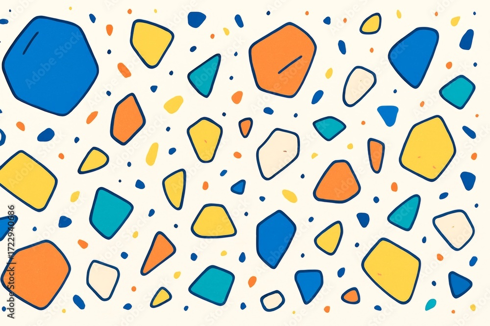 Poster abstract colorful geometric shapes scattered on light background in playful minimalist style, perfec