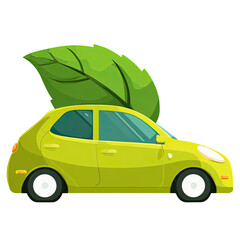 Vibrant Green Eco Car with a Large Leaf for Sustainable Transportation
