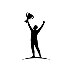 vector silhouette of a person lifting a trophy with a white background © Riky