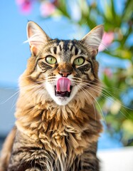 Tabby cat licking its lips outdoors