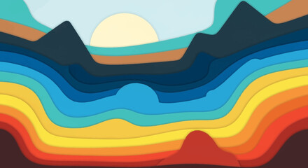 Abstract landscape with colorful wavy layers and a setting sun.