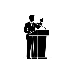 vector silhouette of a person giving a speech at a podium with a white background
