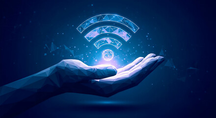 Futuristic polygonal hand illuminating a vibrant Wi-Fi symbol, symbolizing global wireless network connectivity, innovation, and digital communication technology
