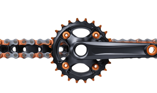 Black bicycle crankset with orange accents, connected to a chain