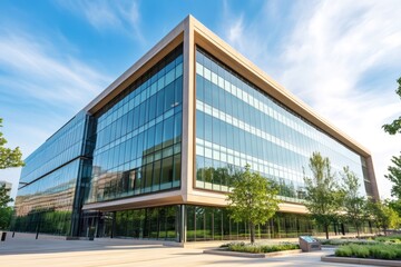Fototapeta premium Modern glass embassy building reflecting the blue sky on a sunny day, showcasing sleek architecture and sustainable design