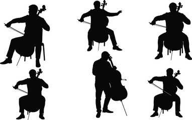 Collection of full black musician silhouette playing cello in different poses, standing and sitting, performing classical music on white background