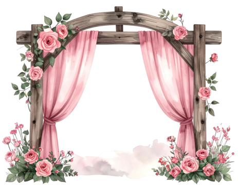 Rustic wooden archway adorned with pink roses and draped with blush pink curtains, set against a soft, cloudy base - Powered by Adobe