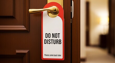 Close-up of a hotel room door with a 'Do Not Disturb' hanger on the handle