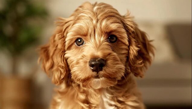 Adorable fluffy golden brown Cavapoo puppy looking directly at the camera with big innocent eyes, pet portrait