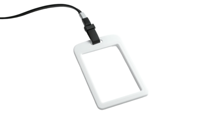 A blank white plastic ID card holder with a black lanyard hangs against a black background