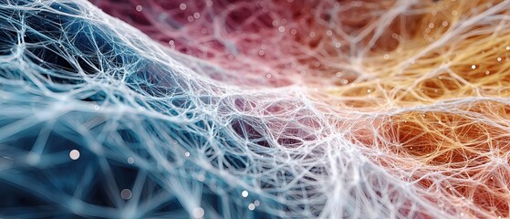 Obraz premium Abstract digital art featuring intertwined white lines and nodes over a gradient background of blue, purple, and orange hues.